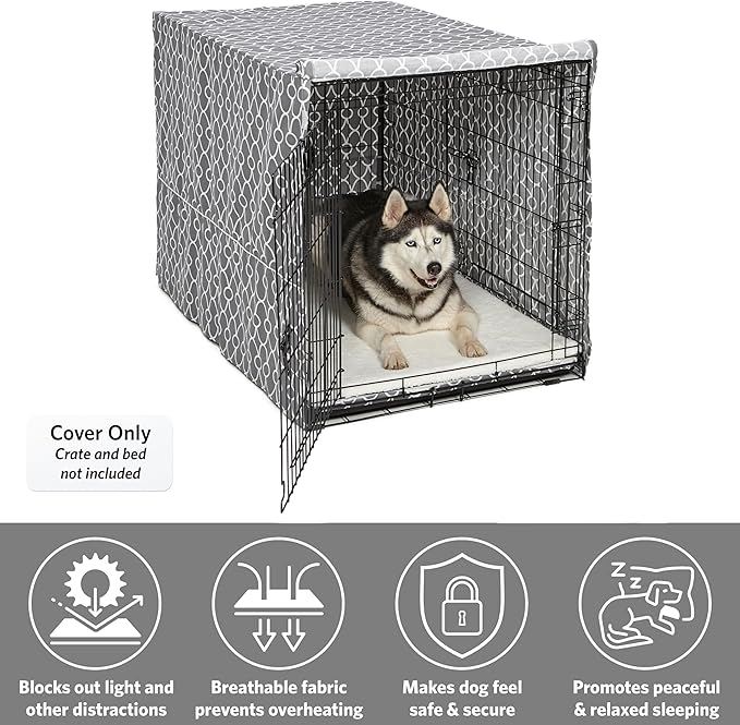 MidWest Homes for Pets XL Dog Crate Cover with Teflon Fabric Protector, Poly-Cotton Privacy Kennel Cover Fits Most 48-inch Crates, Gray Designer Print, Washable, Reduces Barking