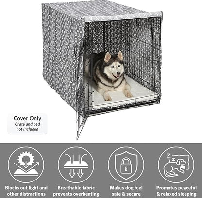 MidWest Homes for Pets XL Dog Crate Cover with Teflon Fabric Protector, Poly-Cotton Privacy Kennel Cover Fits Most 48-inch Crates, Gray Designer Print, Washable, Reduces Barking