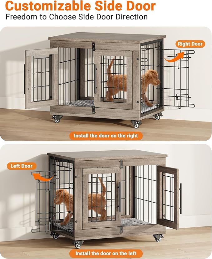YaFiti Dog Crate Furniture with Cushion, Wooden Dog Kennel Indoor with Double Doors, Dog Cage with Wheels, Dog House Side End Table for Small Dogs up to 30 lb, 27.2" L, Grey