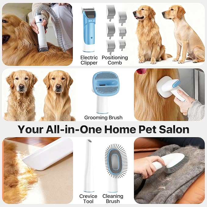 buenkee Dog Grooming Kit with Vacuum, 15000Pa Pet Hair Clipper and Shedding Brush, 50dB Low Noise, 2L Capacity, White