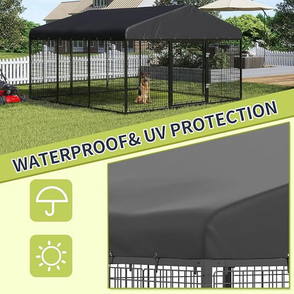 Petony Large Outdoor Dog Enclosure,Heavy Duty Dog Cage with Roof,Galvanized Steel Dog Kennel Fence with Double Safety Locks(6.56'x 6.56')