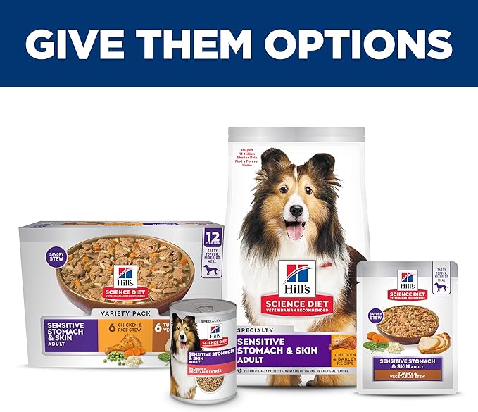 Hill's Science Diet Adult Sensitive Stomach & Sensitive Skin Wet Dog Food Variety Pack, Chicken & Vegetable Stew, Turkey & Rice Stew, 12.5 oz. Cans, 12-Pack