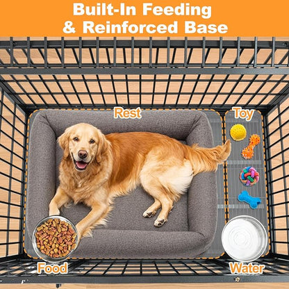 Homey Pet Large Dog Crates for Large Dogs, 47 Inch Heavy Duty Stackable Dog Cage with 2 Bowls, 4 Wheels, Double Removable Trays and Grids, Escape Proof Metal Wire Dogs Kennel Indoor