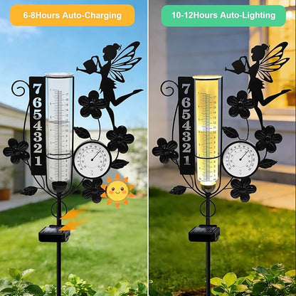 YJFWAL Fairy Rain Gauge Outdoor, Decorative Metal Number Solar Rain Gauge with LED Light and Thermometer, Garden Decor for Yard, Lawn, Pathway, Farm