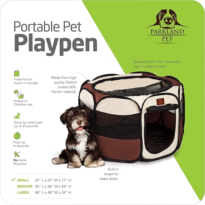 Parkland Pet Portable Foldable Playpen Exercise Kennel Dogs Cats Indoor/Outdoor Removable Mesh Shade Cover, Carrying Case & Collapsible Travel Bowl (Small)
