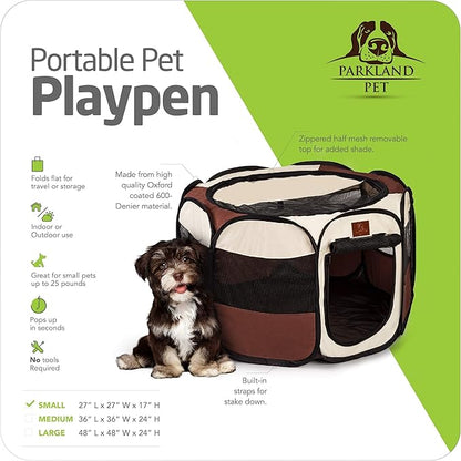 Parkland Pet Portable Foldable Playpen Exercise Kennel Dogs Cats Indoor/Outdoor Removable Mesh Shade Cover, Carrying Case & Collapsible Travel Bowl (Small)