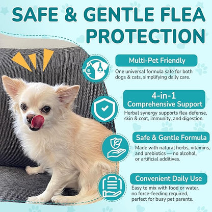Woyamay 4-IN-1 Flea and Tick Prevention Drops for Dogs and Cats, Natural Cat & Dog Flea and Tick Treatment, Supports Flea Defense, Gut Health, Skin & Coat Nourishment, and Immune Support, Bacon Flavor