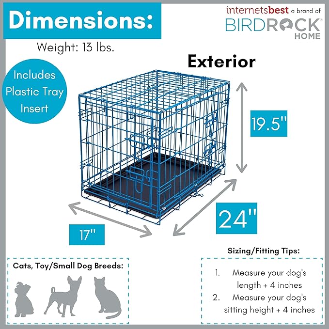 Internet's Best Double Door Steel Crates Collapsible and Foldable Wire Dog Kennel, 24 Inch (Small), Blue