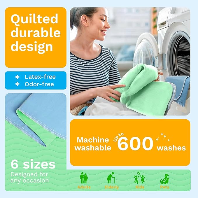 GREEN LIFESTYLE® Washable Underpads - Heavy Absorbency Reusable Bedwetting Incontinence Pads for Kids, Adults, Elderly, and Pets - Toddler Mattress Pads for Bed, Sofa, Floor (Pack of 16 - 48x48)