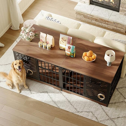 HOOBRO 71" Dog Crate Furniture for 2 Large Dogs, Heavy Duty Indoor Kennel with Removable Divider & Name Tags, TV Stand Cage Furniture for Medium & Large Dogs, Walnut & Black BH84GW03