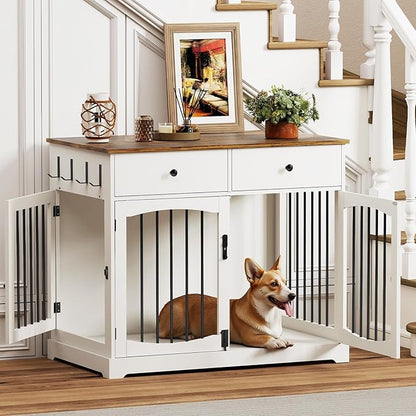 Dog Crate Furniture, Wooden Dog Kennel Furniture, Heavy-Duty Dog Crate End Table with Storage Drawers, Double Doors Decorative Pet Cage House Indoor for Small Medium Dog, 40Inch, White