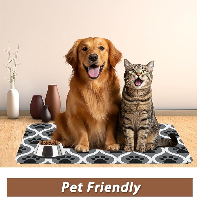 Gray Paw Print Geometric Dog Cat Food Mat,Absorbent Pet Feeding Mat for Food and Water,Non-Slip Dog Bowl Mats Floor Protector 16"x24"