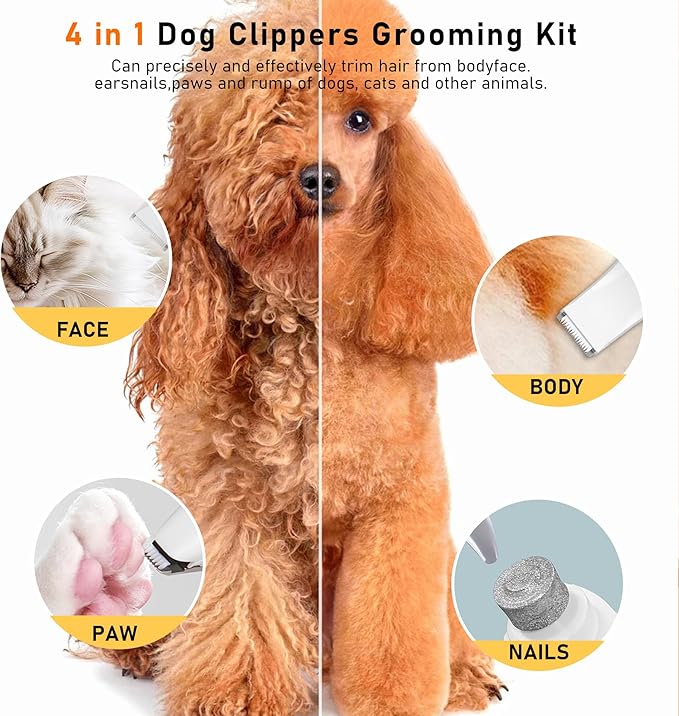 Dog Clippers for Grooming, 4 in 1 Dog Grooming Kit Hair Clipper with LCD Display, Dog Trimmer for Grooming, Dog Hair Trimmer for Paw Nail Grinder,Shaver Grooming Supplies for Pet Cats Dogs