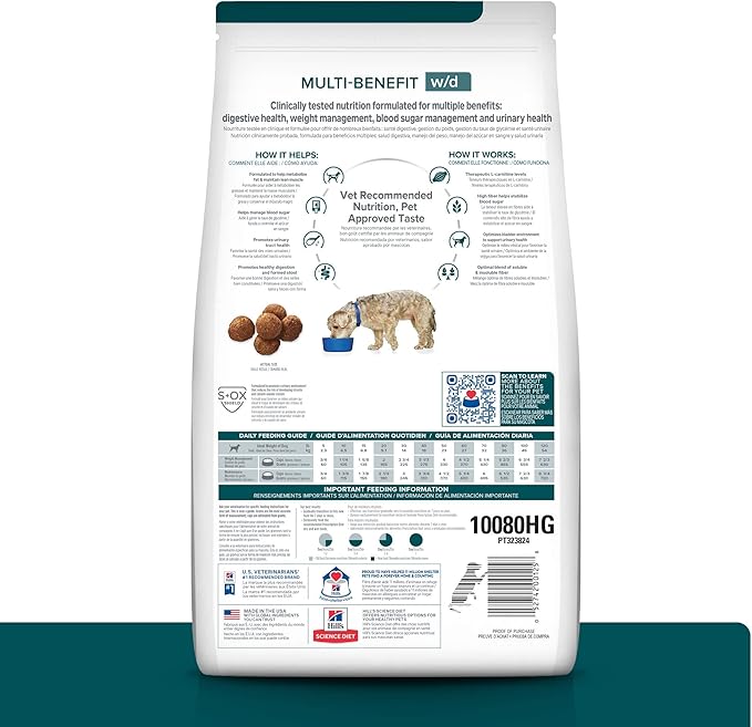 Hill's Prescription Diet w/d Multi-Benefit Digestive/Weight/Glucose/Urinary Management Chicken Flavor Dry Dog Food, Veterinary Diet, 27.5 lb. Bag