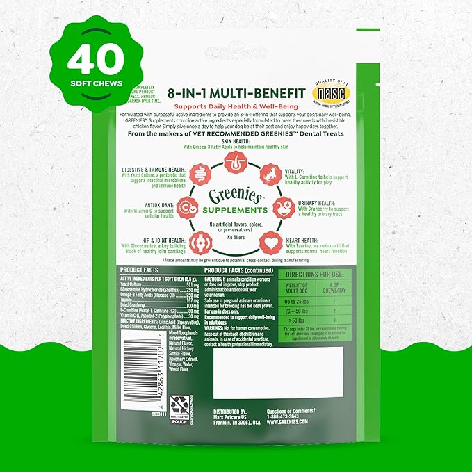 Greenies Dog Supplements 8-in-1 Multi-Benefit Dog Vitamins and Supplements Chicken Flavor, 7.76 oz. Pouch, 40 Count