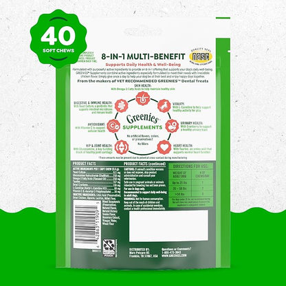 Greenies Dog Supplements 8-in-1 Multi-Benefit Dog Vitamins and Supplements Chicken Flavor, 7.76 oz. Pouch, 40 Count