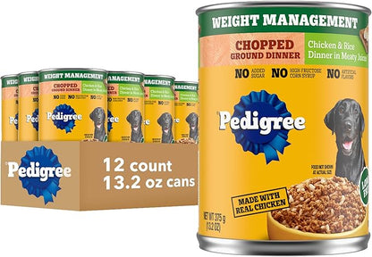 Pedigree Chopped Ground Dinner Weight Management Wet Dog Food, Canned Dog Food Chicken & Rice Dinner in Meaty Juices, 13.2 oz. Cans (12 Count, Pack of 1)
