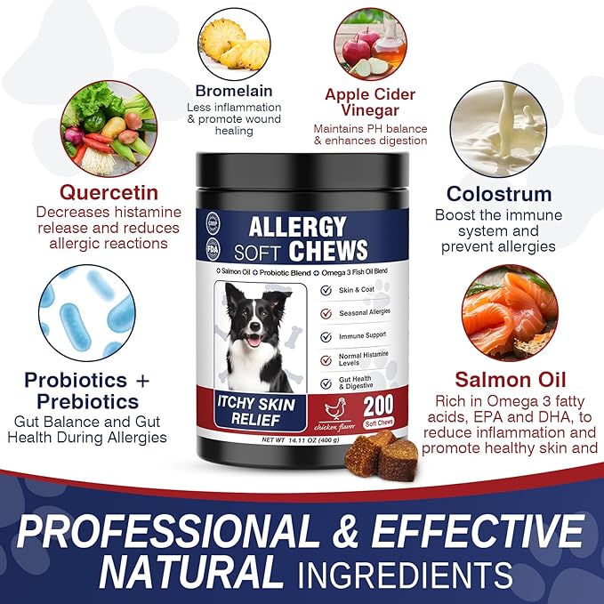 Dog Allergy Chews 200 Treats, Dog Allergy and Itching Skin Relief Bites Immune Support Dogs Probiotics for Yeast, Itchy Skin and Itchy Ears Anti Itch Licking Paws Treatment for Dogs Seasonal Allergies