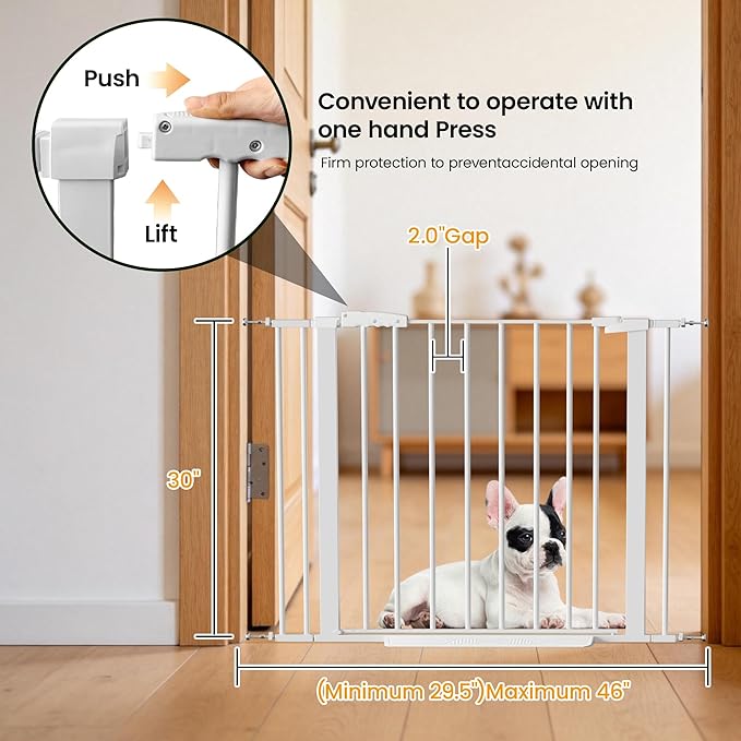 Dog Gate for Stair, 30" Tall Safety Gate Adjustable 29"-40.5" Extra-Wide Metal Pet Gate, Pressure Mounted Drill-Free No Tools Needed Dog Gate for Stairs,Doorways,House