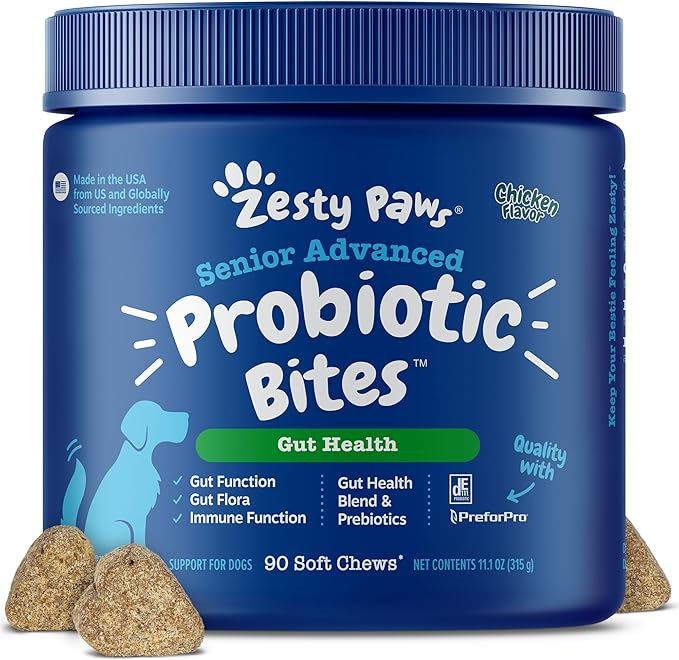 Zesty Paws Probiotics for Dogs - Digestive Enzymes for Gut Flora, Digestive Health, Diarrhea & Bowel Support - Clinically Studied DE111 - Dog Supplement Soft Chew for Pet Immune System - Adv, 90ct