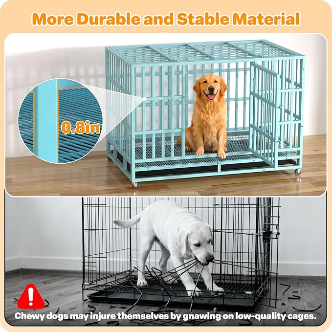 Hiwokk 48 Inch Heavy Duty Dog Crate, Indestructible Escape-Proof Dog Kennel for High Anxiety Large Dogs, Strong Metal Pet Cage with Double Doors, Lockable Wheels & Removable Tray, XL XXL XXXL