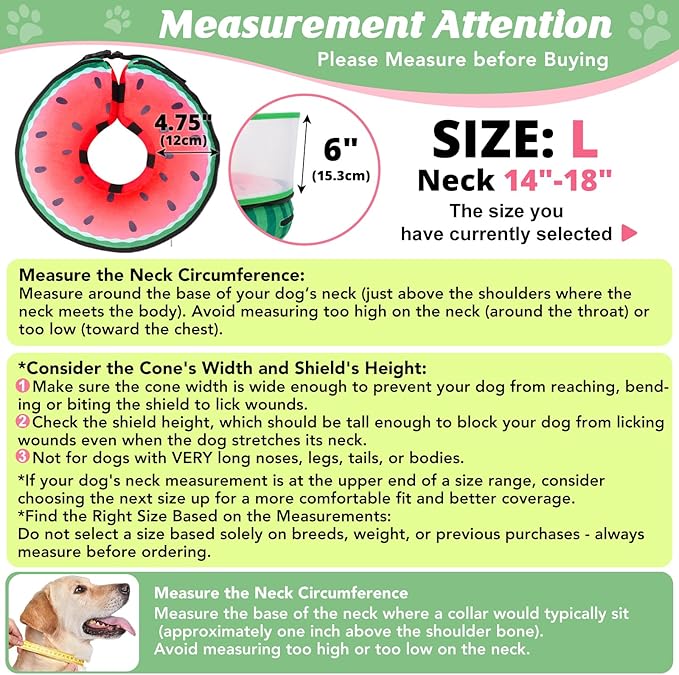 Inflatable Dog Cone with Anti-Licking Clear Shield, Protective Dog Donut Collar After Surgery, Adjustable Soft Recovery Cone for Pets, Alternative Collar with Buckle Strap (Watermelon, L)