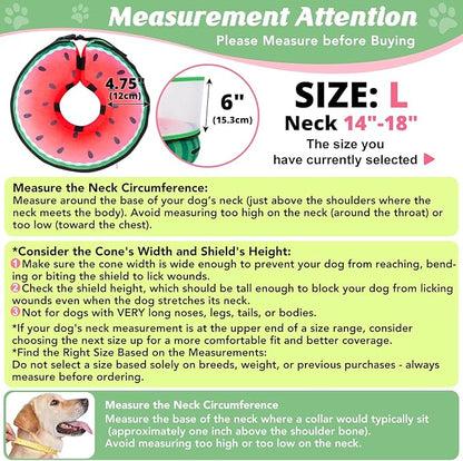 Inflatable Dog Cone with Anti-Licking Clear Shield, Protective Dog Donut Collar After Surgery, Adjustable Soft Recovery Cone for Pets, Alternative Collar with Buckle Strap (Watermelon, L)