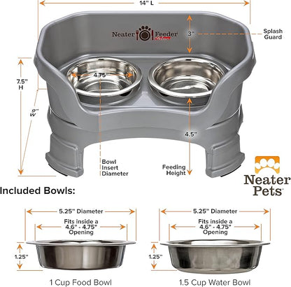 Neater Feeder Deluxe Mess-Proof Elevated Cat Bowls, 2 Height Adjustable (6” & 7.5”) No-Spill Raised Cat Bowl Stand, Whisker Friendly Stainless Steel Dishes for Indoor Cats, Made in USA, Grey