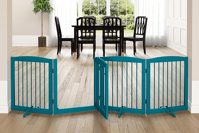 PUPETPO Freestanding Dog Gate with Door, Pet Gate for Stairs, 80 inch Wide Pet Barrier Indoor, Dog Fences Indoor, Support Feet Included, 4 Panels, 24" Tall, Blue