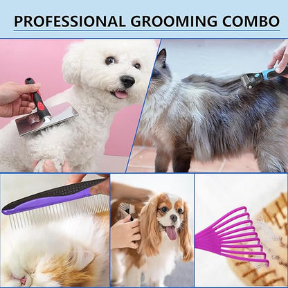 5-in-1 Dog & Cat Extra Long Pin Grooming Kit Slicker Brush for Large Dogs Cats Remove Loose Fur, Undercoat Brush for Shedding, Dematting Comb & Cleaner for Long Haired Pets