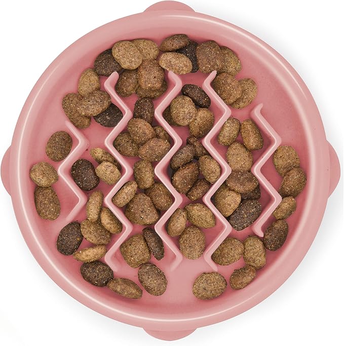 Outward Hound Fun Feeder Slo Bowl – Small 3/4-Cup Capacity, Slow Feeding, Small Dogs, Puppies & Cats, Non-Slip, Pink, Wave Pattern