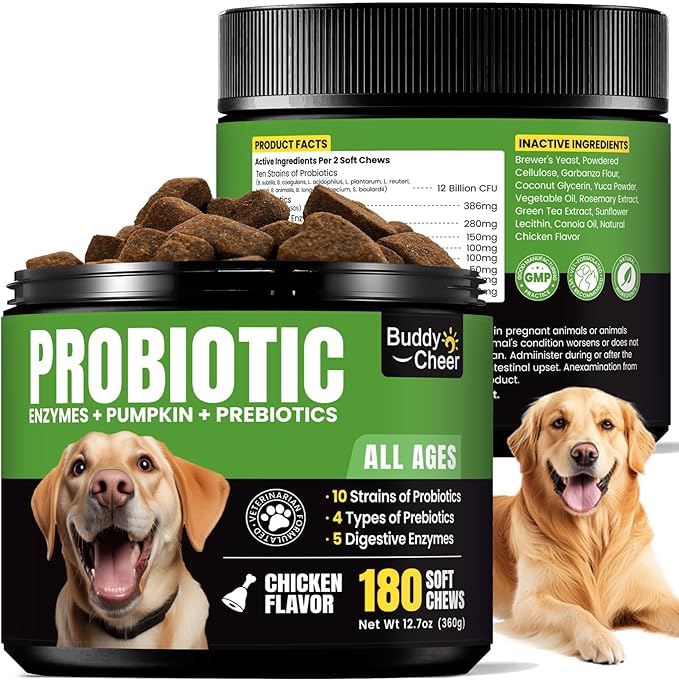 Probiotics for Dogs - Dog Probiotics with 5 Enzymes & 4 Prebiotics for Itchy Skin, Pet Probiotics lab for Digestion & Gut Support, Helps Diarrhea, Yeast Infection, Allergies & Immune System -180 Chews