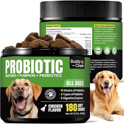 Probiotics for Dogs - Dog Probiotics with 5 Enzymes & 4 Prebiotics for Itchy Skin, Pet Probiotics lab for Digestion & Gut Support, Helps Diarrhea, Yeast Infection, Allergies & Immune System -180 Chews