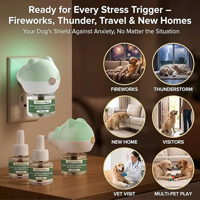 Calming Diffuser for Dog, Pheromone Plug-in Set (2 Diffusers & 6 Refill 48ml) for Dog Anxiety Relief, Reduces Barking, Aggression, Destructive Behavior, Fireworks Fear, 180-Day Dogs Calming Diffuser