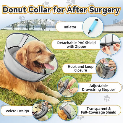 Upgraded Inflatable Dog Cone After Surgery, Adjustable Soft Dual-Ring Dog Cone Collar with Detachable Anti-Licking Shield (XL, Grey)