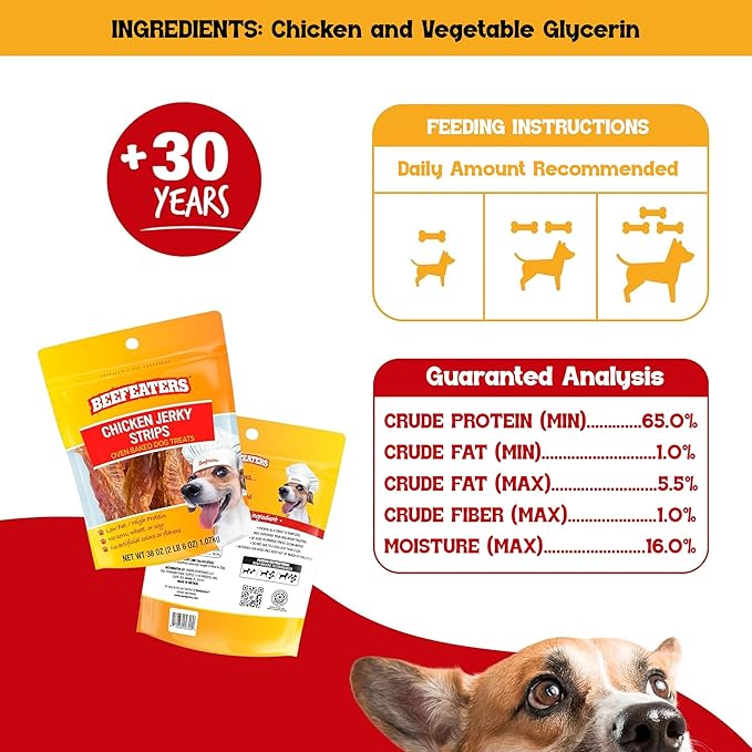 Beefeaters Chicken Jerky Strips for Dogs 38oz, 100% Real Chicken Breast, Oven-Baked, Grain-Free Dog Treats for Training & Rewards, High Protein, Low Fat, Resealable Bag, Allergy-Friendly