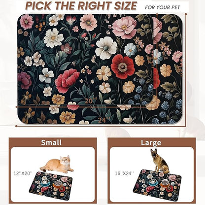 Floral Boho Dog Cat Food Mat,Pink Flower Vintage Absorbent Pet Feeding Mat with Rubber Backing,Non-Slip Water Bowl Placemat,Indoor Pet Accessories Supplies 16"x24"