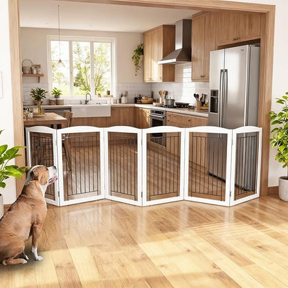 ZJSF Freestanding Foldable Dog Gate Wooden Extra Wide White Puppy Gate 6 Panels Tall Pet Gates for The House Dog Fence