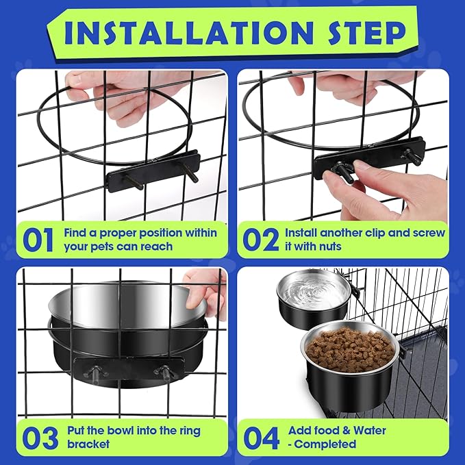 Attachable Dog Bowls for Crates, ShineMe 40oz & 60oz Dog Kennel Food and Water Bowl, 7.1 x 3.7” & 6.3 x 2.6” Dogs Crate Bowls Hanging No Spill for Large or Medium Dogs, Set of 2 Black