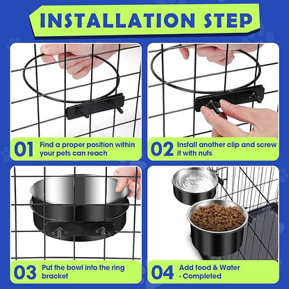 Attachable Dog Bowls for Crates, ShineMe 40oz & 60oz Dog Kennel Food and Water Bowl, 7.1 x 3.7” & 6.3 x 2.6” Dogs Crate Bowls Hanging No Spill for Large or Medium Dogs, Set of 2 Black