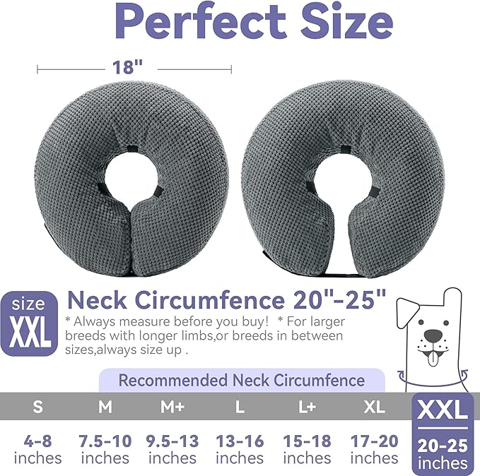 Loflaze Soft Inflatable Dog Cone Collar Alternative After Surgery - Dog Neck Donut E Collar for Large Medium Small Dogs Cats Post Surgery - Recovery Collar to Stop Licking - Grey, XXL