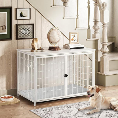 MAHANCRIS Dog Crate Furniture with Cushion, Wooden Dog Kennel with Double Doors, Heavy Duty Dog Cage for Small/Medium/Large Dogs, Indoor Dog House End Table, 39.4" L, White DCBW10701