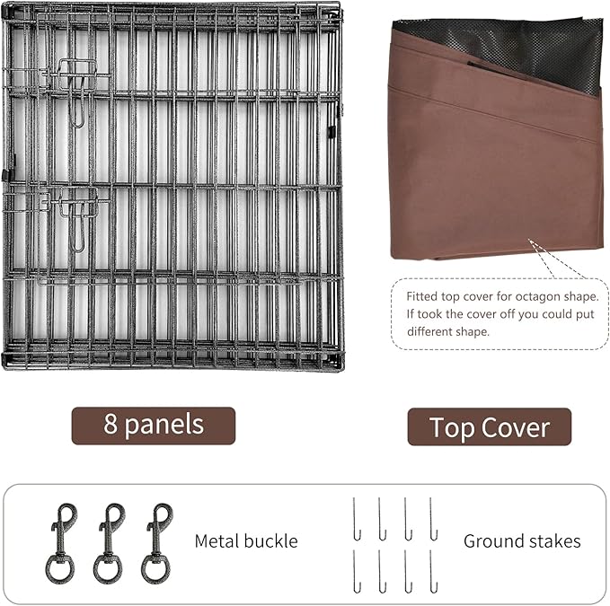NEZUC Foldable Metal Dog Exercise Playpen Gate Fence Dog Crate 8 Panels 24 Inch Height Puppy Kennels with Top Cover/Bottom Pad for Animals Outdoor Indoor (Playpen+Top Cover, Brown, 24" H)