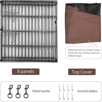 NEZUC Foldable Metal Dog Exercise Playpen Gate Fence Dog Crate 8 Panels 24 Inch Height Puppy Kennels with Top Cover/Bottom Pad for Animals Outdoor Indoor (Playpen+Top Cover, Brown, 24" H)