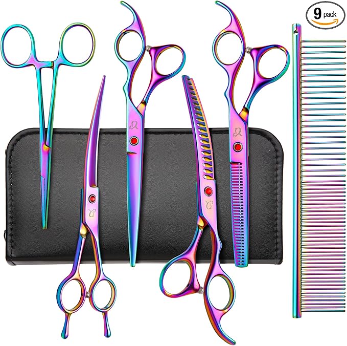 Dog Grooming Scissors,Rainbow Curved Chunkers Shears with Safety Round Tips,Sharp and Durable 6 in 1 Dog Scissors for Grooming