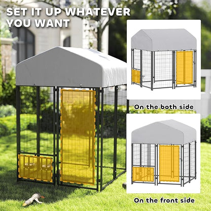 PawHut 4' x 4' x 4.5' Outdoor Dog Kennel, Welded Wire Dog Kennel Outside Run with 360° Rotating & 4 Level Adjustable Bowls, Waterproof & UV Resistant Cover, for S&M Breeds, Chickens, Ducks, Silver
