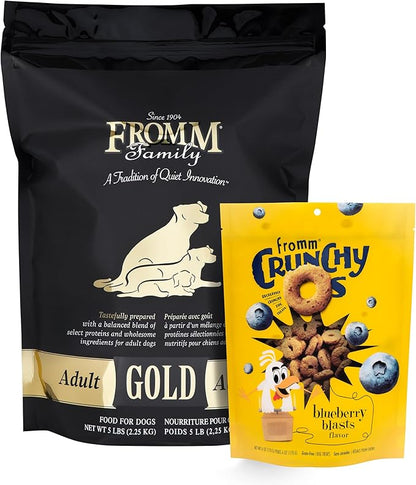 Fromm Adult Gold Dry Dog Food 5 lb Bag & Crunchy Os Blueberry Blasts Dog Treats 6 oz Bag - Chicken Recipe
