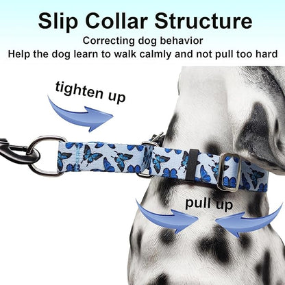 Martingale Dog Collar with Buckle Adjustable Nylon Cute Girl No Pull Anti Escape Training Dog Collars (Blue Butterfly, Medium)