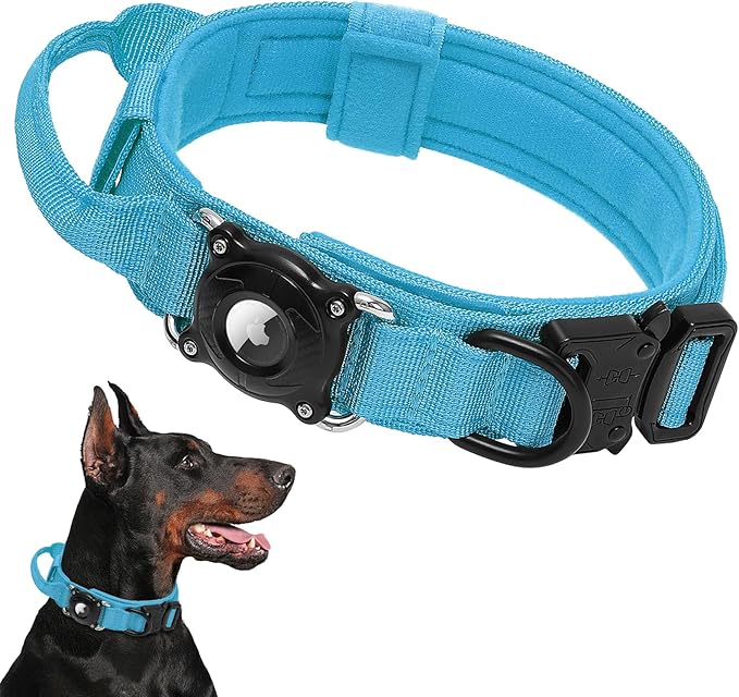 Tactical Airtag Dog Collar Waterproof - Adjustable Nylon Training Collar with Secure Airtag Holder, Control Handle & Quick-Release Buckle for Medium Large Dogs (Blue, L)