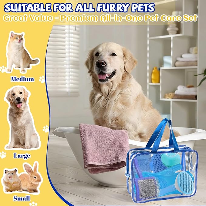 8PCS Dog Slicker Brush for Dogs Grooming Kit,Bath Grooming Kit for Pets,Hair Brush Set with Towel,Washing Gloves,Slicker Comb,and Shampoo Scrubber Brush for Small and Large Dogs and Cats(Blue)
